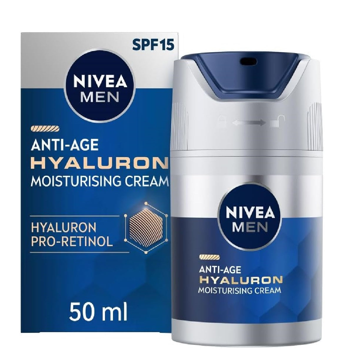 NIVEA MEN Anti-Age Hyaluron SPF15 Moisturising Cream (50ml), Anti-Wrinkle Face Cream with Hyaluronic Acid and Pro-Retinol, Visibly Reduces Deep Wrinkles and Firms Skin