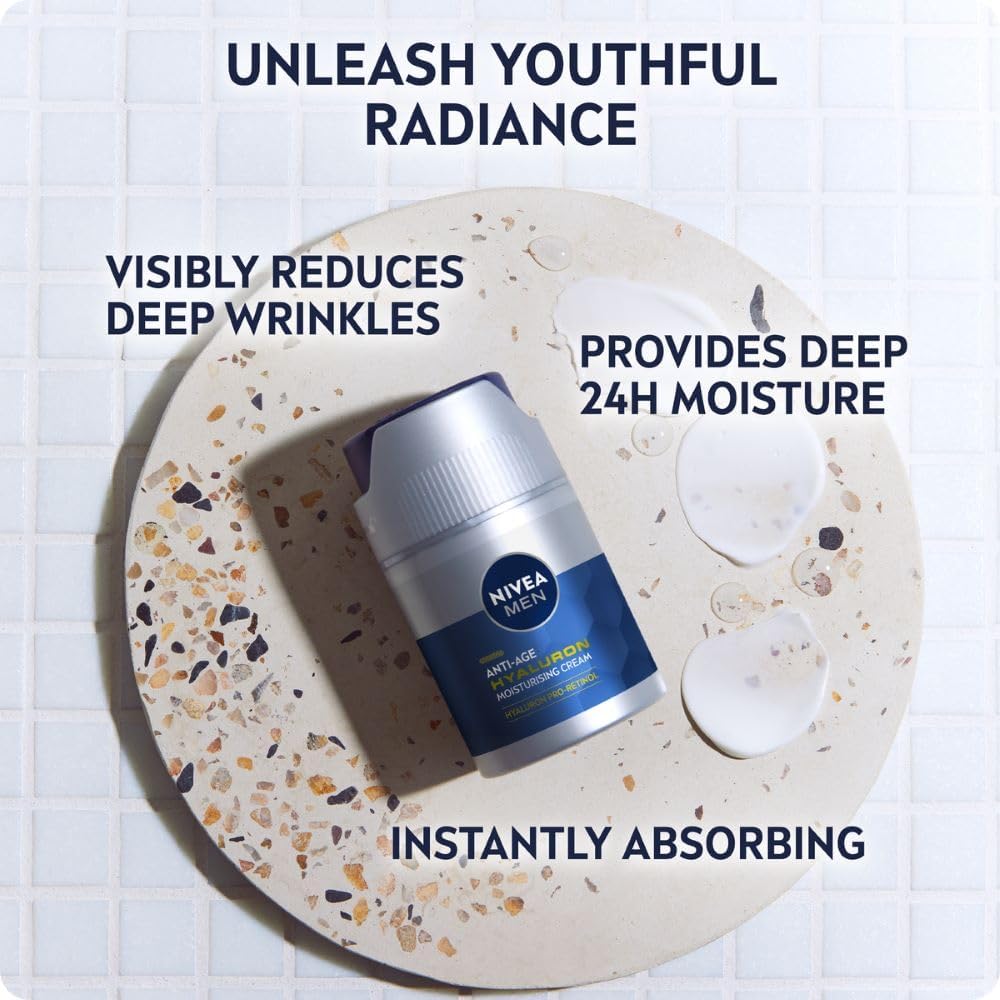 NIVEA MEN Anti-Age Hyaluron SPF15 Moisturising Cream (50ml), Anti-Wrinkle Face Cream with Hyaluronic Acid and Pro-Retinol, Visibly Reduces Deep Wrinkles and Firms Skin