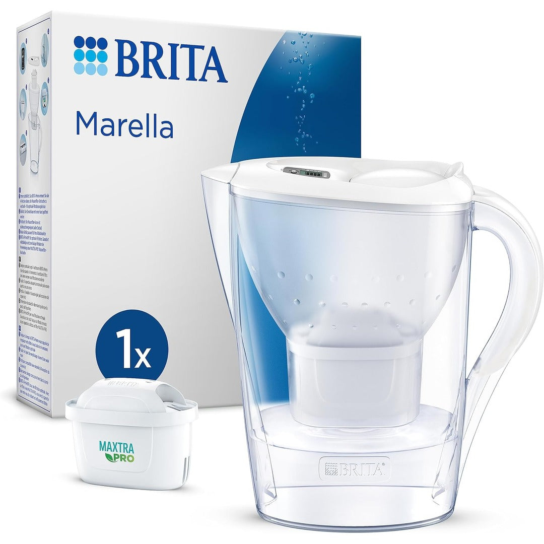 BRITA Marella Water Filter Jug White (2.4 Litre) with 1x MAXTRA PRO All-in-1 cartridge - fridge-fitting jug with digital LTI and Flip-Lid - now in sustainable Smart Box packaging -